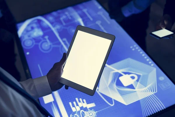 Tablet Mão Segurando Uma Reunião Tecnologia — Fotografia de Stock