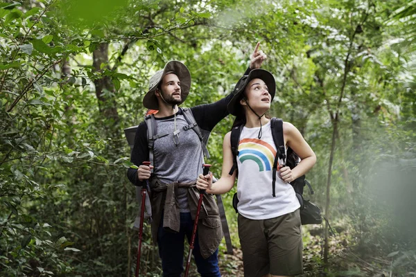 Groupe Personnes Trekking Dans Une Forêt — Photo
