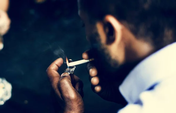 Rear View Man Lighting Cigarette Close — Stock Photo, Image