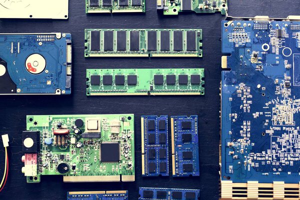 Closeup of electronics computer components microprocessors mainboard