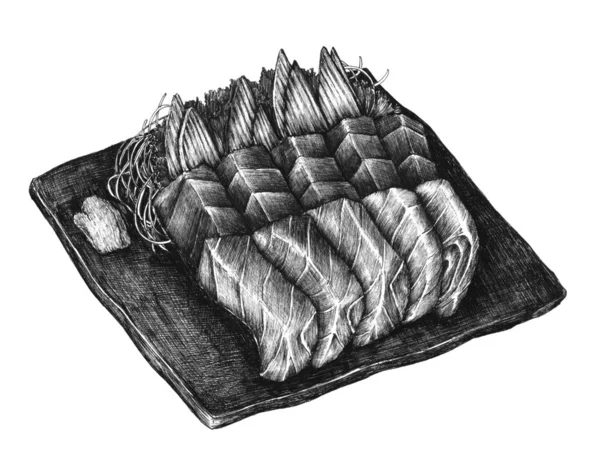 Plato Salmón Sashimi Dibujado Mano — Foto de Stock