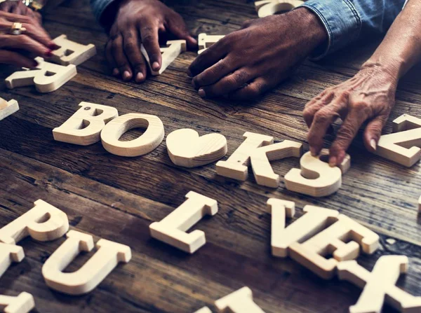 Alfabeto Madeira Livros Palavra Sobre Mesa — Fotografia de Stock