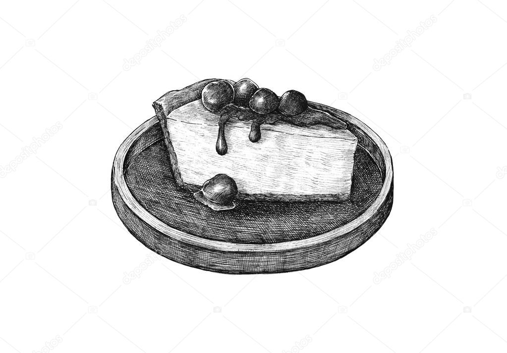 black and white illustration of cake on plate