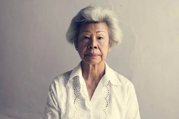 Elderly Asian Woman Thoughtful Face Expression — Stock Photo, Image