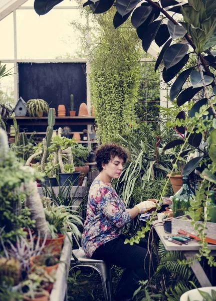 Floristin Sitzt Arbeitstisch Glashaus — Stockfoto