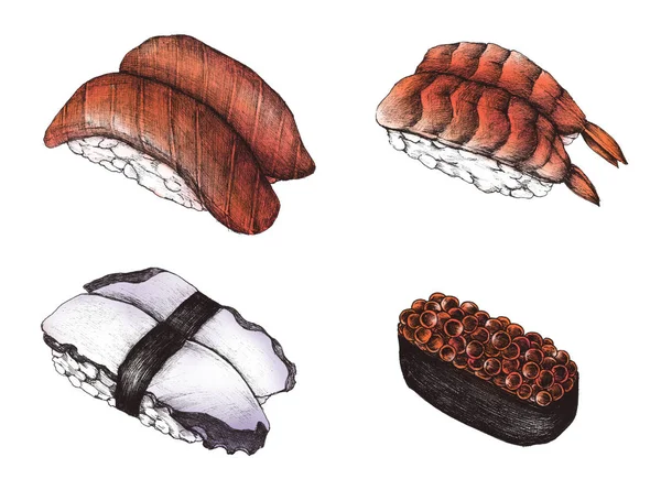 Handgezeichnetes Sushi Set — Stockfoto