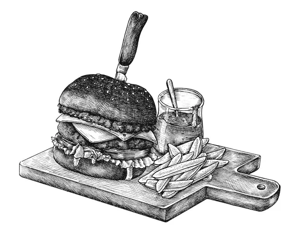 Ručně Kreslené Burger Hranolky — Stock fotografie