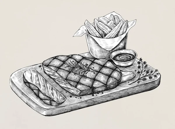 Felel Meg Sült Krumpli Mártással Tálcán Illusztrációja — Stock Fotó