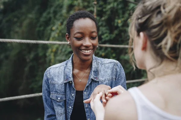 Woman Proposing Her Happy Girlfriend Outdoors Love Marriage Concept — Stock Photo, Image