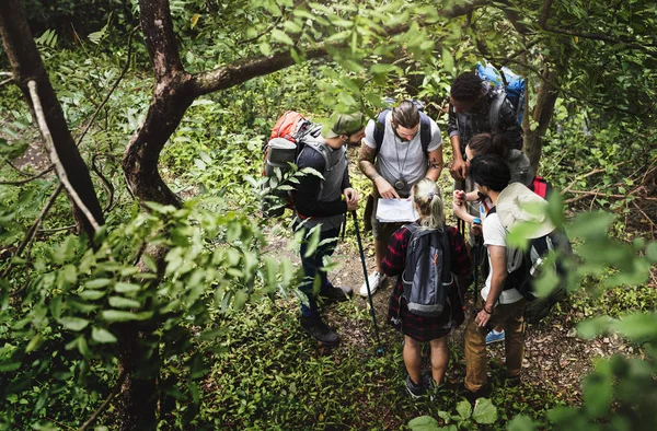 Grupo Pessoas Trekking Uma Floresta — Fotografia de Stock