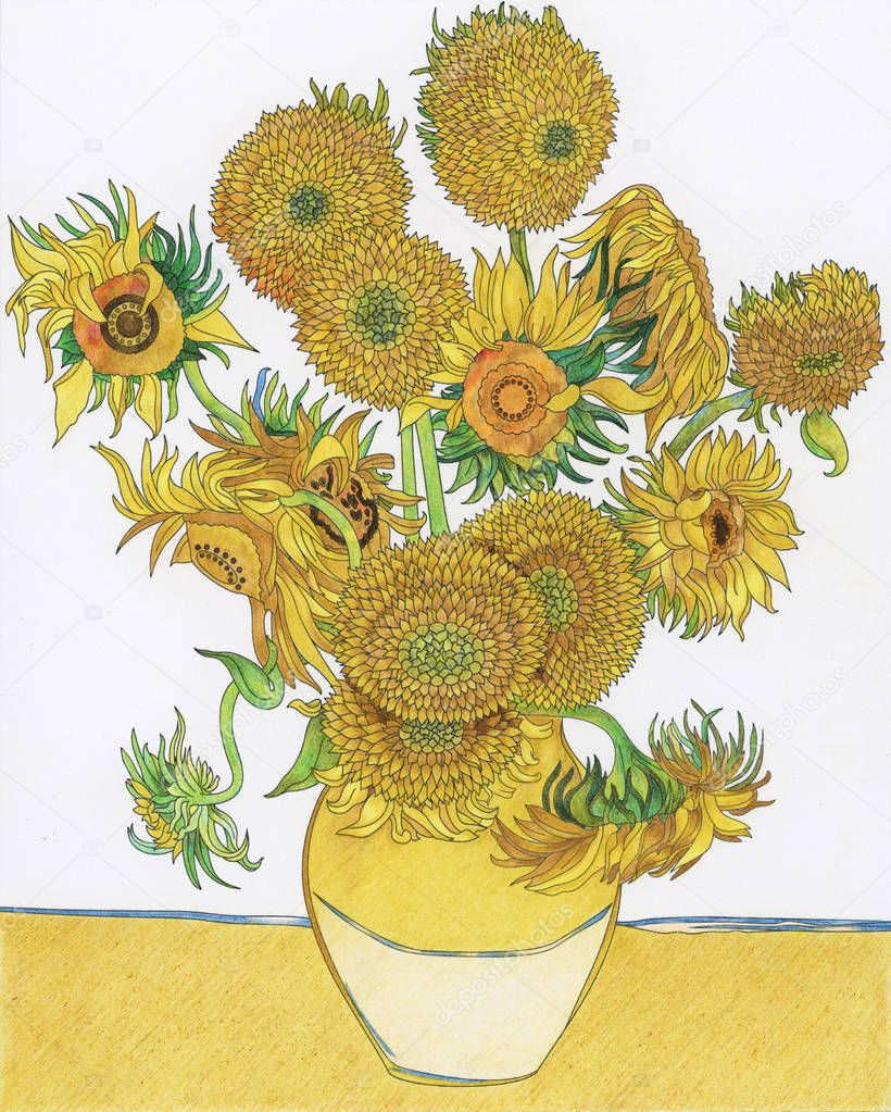 Van Gogh's Sunflower adult coloring page