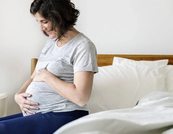 Pregnant Woman Sitting Bed Home Room — Stock Photo, Image