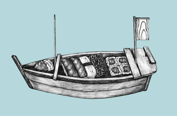Barco Sushi Dibujado Mano — Foto de Stock