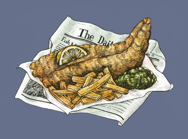 Elle çizilmiş balık ve cips