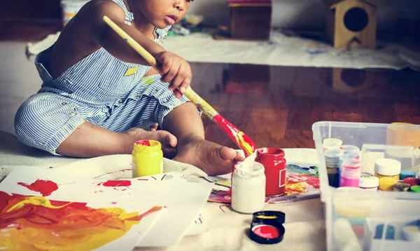 Black Kid Enjoying His Painting — Stock Photo, Image