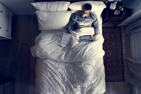 Business Man Bed Working Night — Stock Photo, Image