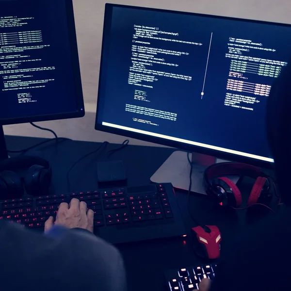 Hacker Working Computer Monitor Screen Code Access — Stock Photo, Image