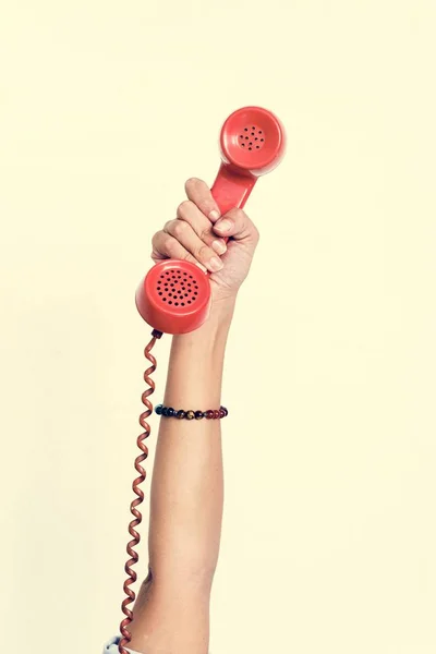 Hand Holding Red Retro Telephone Isolated White — Stock Photo, Image