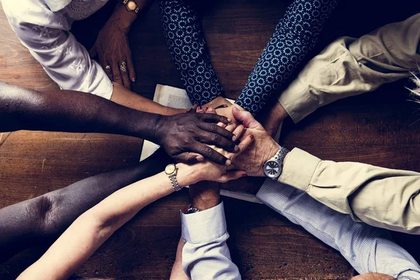 Unterstützung Vielfältiger Hände Zusammen Teamwork Luftaufnahme — Stockfoto