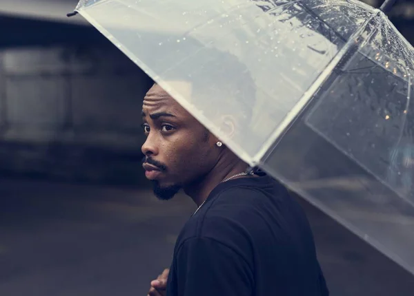 African Descent Man Umbrella — Stock Photo, Image