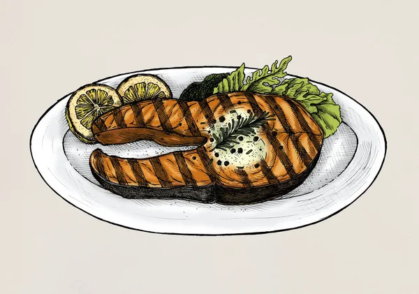 Steak Poisson Grillé Dessiné Main — Photo