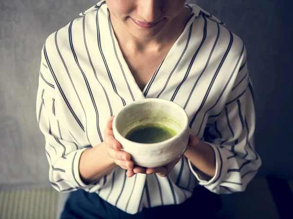 Woman Holding Bowl Oriental Green Tea Japanese Ceremony — Stock Photo, Image