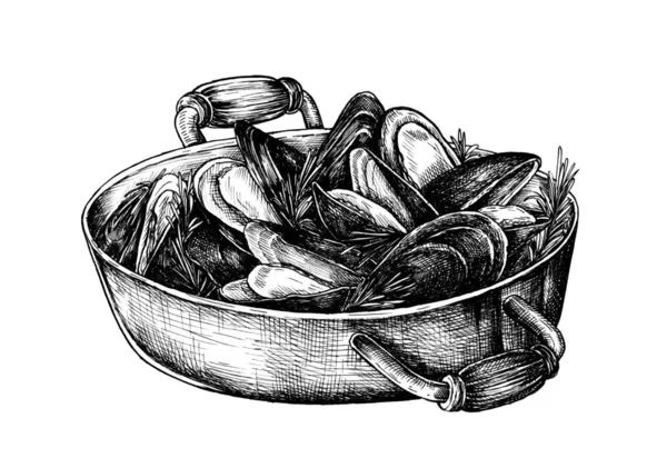 Hand Drawn Cooked Mussels — Stock Photo, Image
