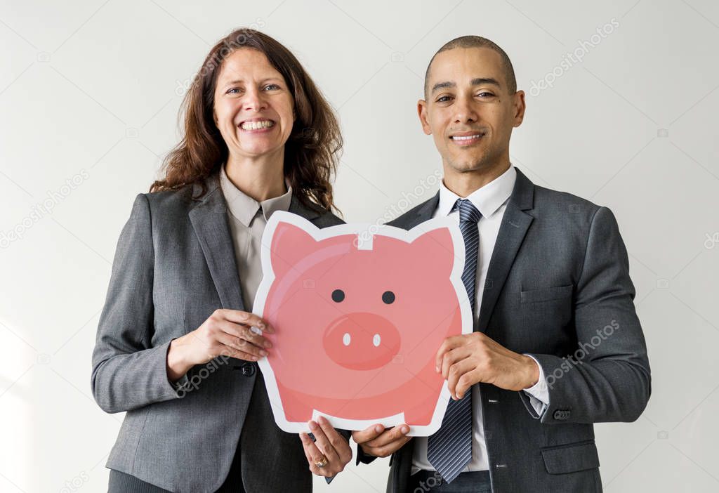 Business couple standing together with icons