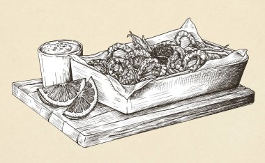 Elle çizilmiş kalamar kızarmış kalamar