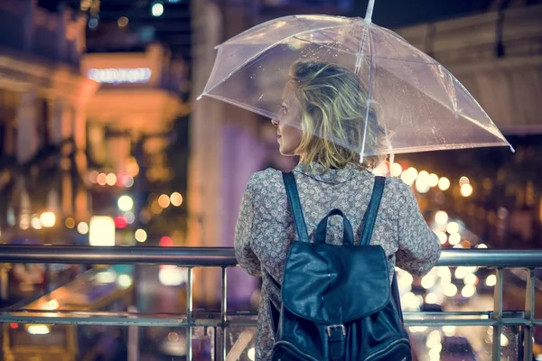 Blond Woman Taking Cover Her Umbrella — Stock Photo, Image