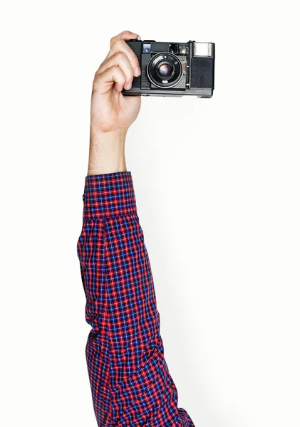 Visão Parcial Uma Mão Humana Segurando Câmera Fotográfica — Fotografia de Stock