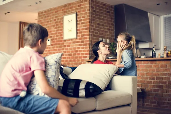 Mother Consoling Daughter Son Sitting Couch — Stock Photo, Image