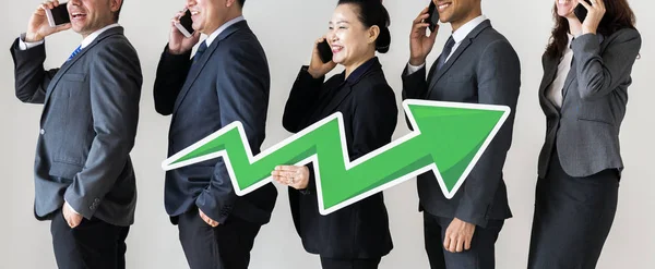 Business People Suits Holding Green Profit Arrow Talking Phones — Stock Photo, Image