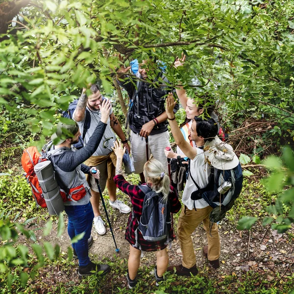 Gruppo Persone Trekking Bosco — Foto Stock