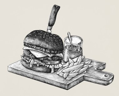 Çizilmiş hamburger ve patates kızartması