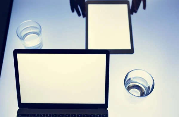 Hands Smartphone Laptop Table — Stock Photo, Image