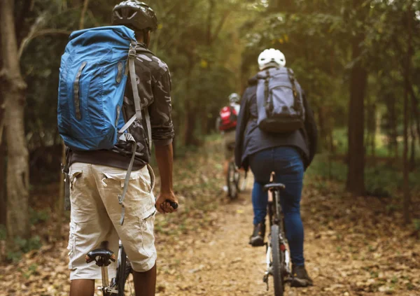 Gruppo Amici Andare Mountain Bike Nella Foresta Insieme — Foto Stock