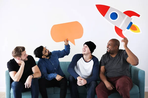 Group Diverse Friends Sitting Couch Icons — Stock Photo, Image