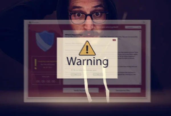 Hacker Trabajando Delito Informático Cibernético Señal Advertencia — Foto de Stock