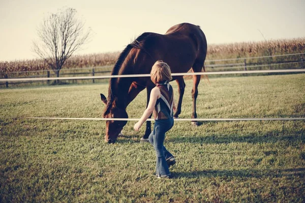 Küçük Kız Bir Atı Ile Oynamak — Stok fotoğraf