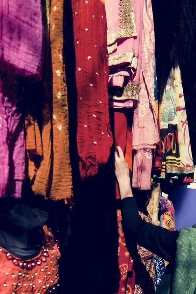 Woman Choosing Colorful Sari Market — Stock Photo, Image