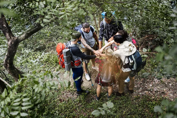 Túrázás Erdőben Emberek Csoportja — Stock Fotó