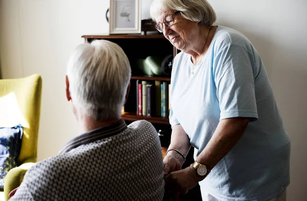 Senior Couple Elderly Woman Taking Care Elderly Man — Stock Photo, Image