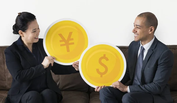 Ludzie Biznesu Waluty Ikony Złote Monety Znaki — Zdjęcie stockowe