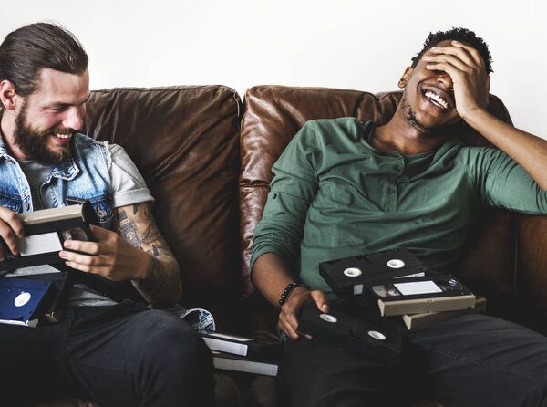 African American Male Caucasian Male Hipsters Vintage Vhs Video Tape — Stock Photo, Image