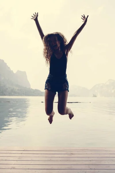 Happy Woman Jumping Joy — Stock Photo, Image