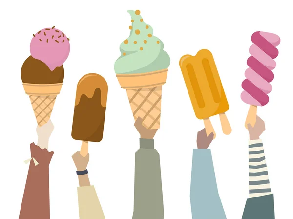 Illustrazione Diverse Persone Che Tengono Gelati Colorati — Foto Stock