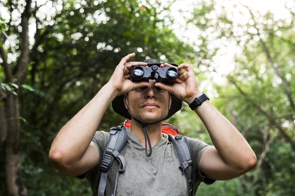Man Holding Binoculars Forest — Stock Photo, Image