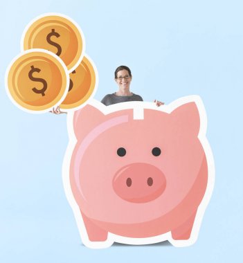 Woman with piggy bank mockup clipart