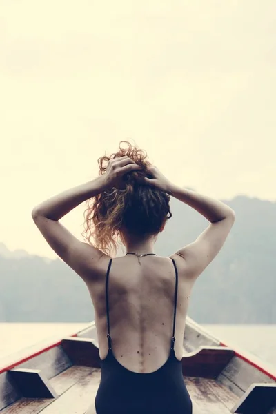 Beautiful Woman Posing Boat — Stock Photo, Image